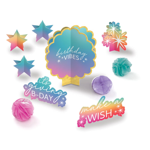 Colorful birthday-themed decorations with text on a white background
