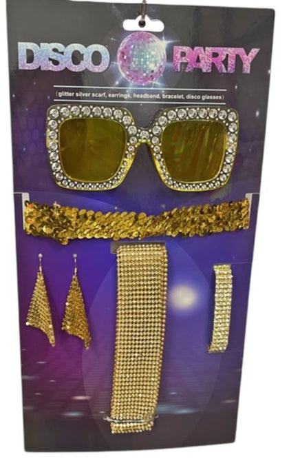 Packaged disco accessories including sunglasses, scarf, earrings, and bracelet with 'Disco Party' branding.