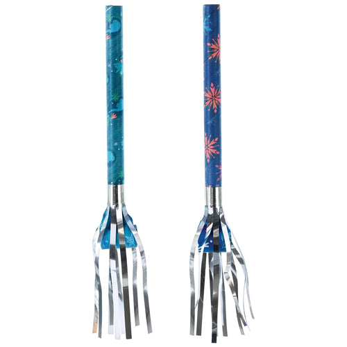 Two decorative forks with blue and red patterned handles on a white background