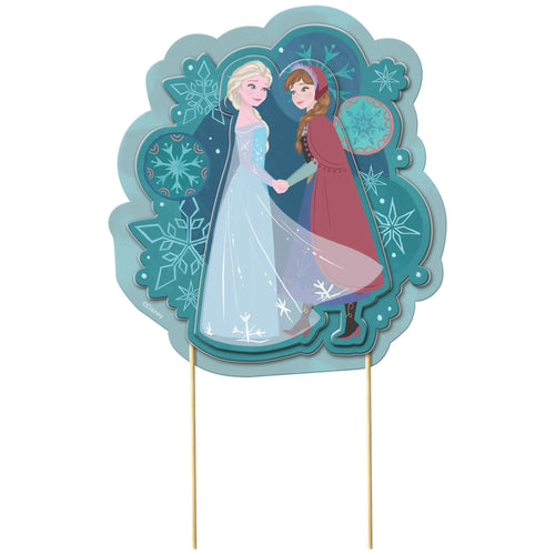 Decorative standee of two characters from a popular animated movie with snowflake designs on a white background.