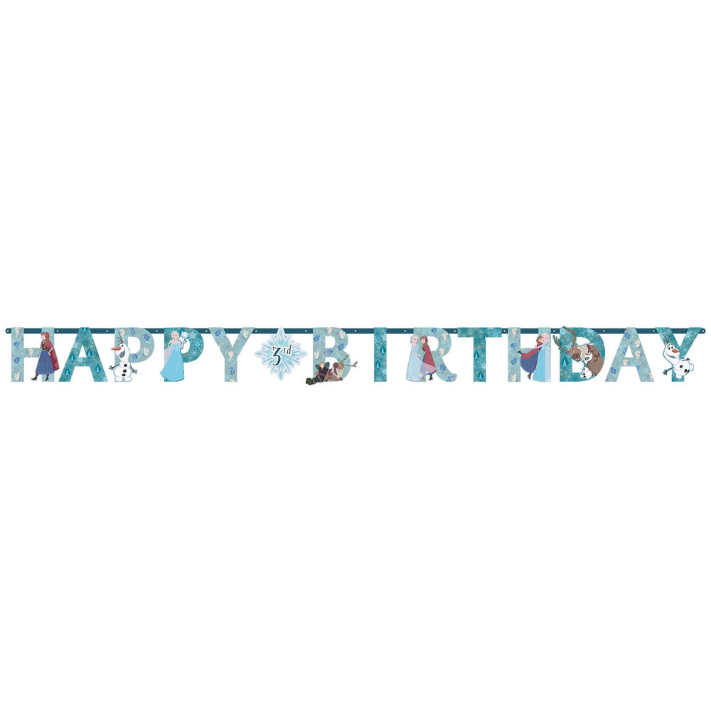 Frozen-themed 'Happy Birthday' banner with characters and snowflakes on a white background