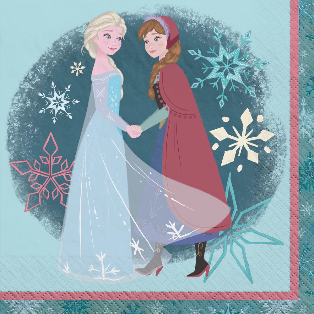 Napkin with two characters holding hands against a snowflake-themed background