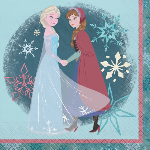 Napkin with two characters holding hands against a snowflake-themed background