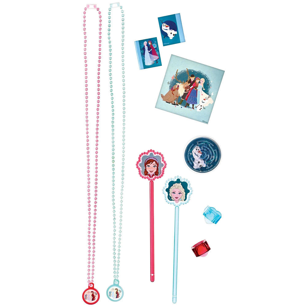 Set of Frozen-themed party favors including necklaces, wands, and stickers on a white background.