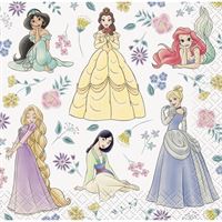 Illustrations of princesses from Disney on a white background with flowers.