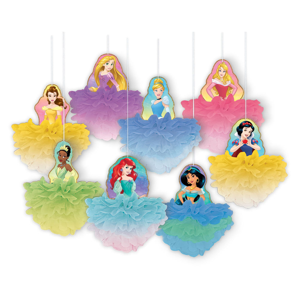 Decorative hanging ornaments with princesses on a white background