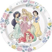 Round plate with illustrations of Disney princesses on a floral patterned border.