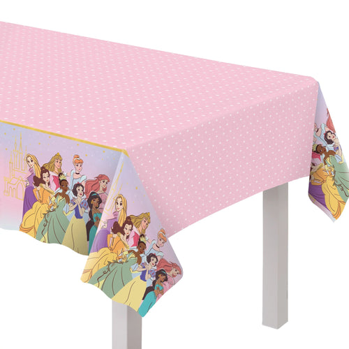 Tablecloth with Disney princesses design on a pink background