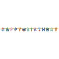 Colorful 'Happy Birthday' banner with cartoon characters on a white background