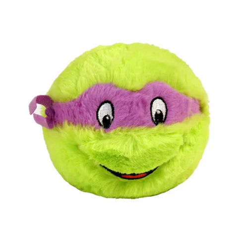 Green plush ball with a purple mask on a white background