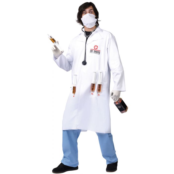 A person modeling a white lab coat costume with a red and white 'Dr. Sweets' logo on the chest, light blue pants, a white face mask, gloves, and a black stethoscope, holding a syringe and a small bottle against a plain white background.