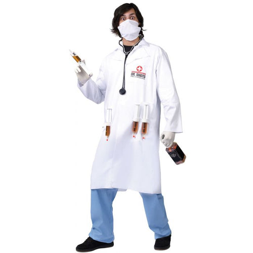 A person modeling a white lab coat costume with a red and white 'Dr. Sweets' logo on the chest, light blue pants, a white face mask, gloves, and a black stethoscope, holding a syringe and a small bottle against a plain white background.