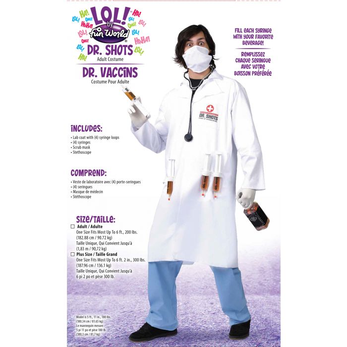 A person modeling an adult costume set that includes a white lab coat, light blue pants, a black stethoscope, and syringe props, with French text describing the costume and included accessories on a white background.