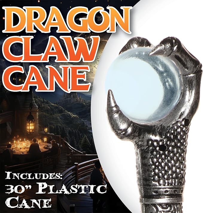 Dragon claw cane with a glowing blue orb, set against a blurred background of people and lights.
