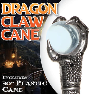 Dragon claw cane with a glowing blue orb, set against a blurred background of people and lights.