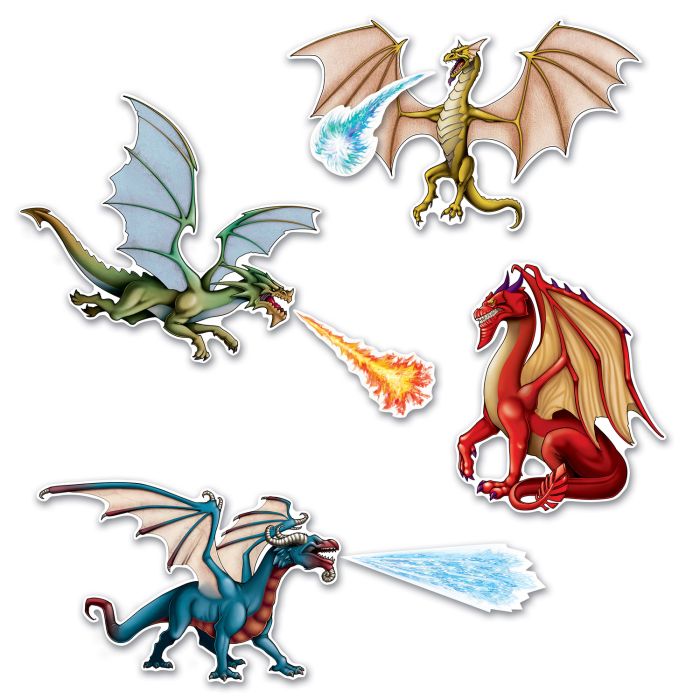 Four colorful dragons with different colored breaths on a white background