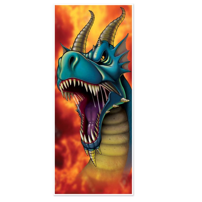 Colorful dragon head design on a fiery background