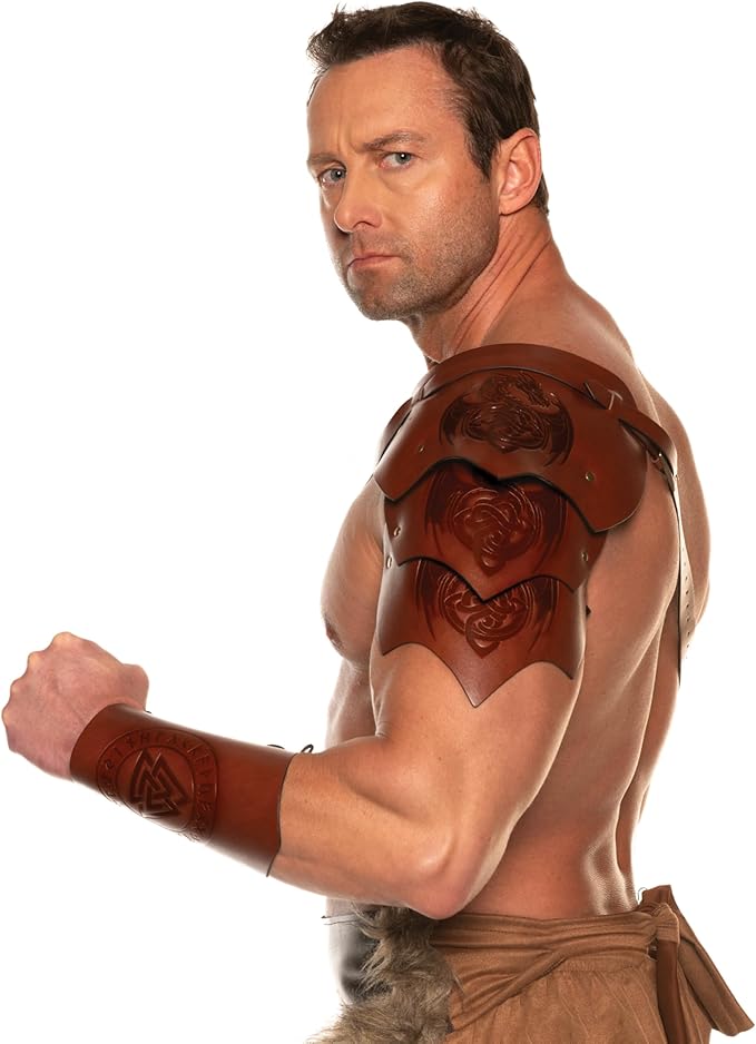 Man wearing brown leather armor on a white background