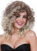 Woman wearing a blonde curly wig on a white background