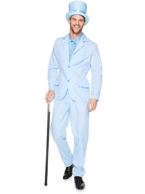 Man wearing a light blue suit with a top hat on a white background