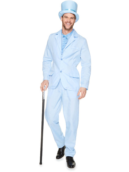 Man wearing a light blue suit with a top hat on a white background