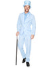 Man wearing a light blue suit with a top hat on a white background