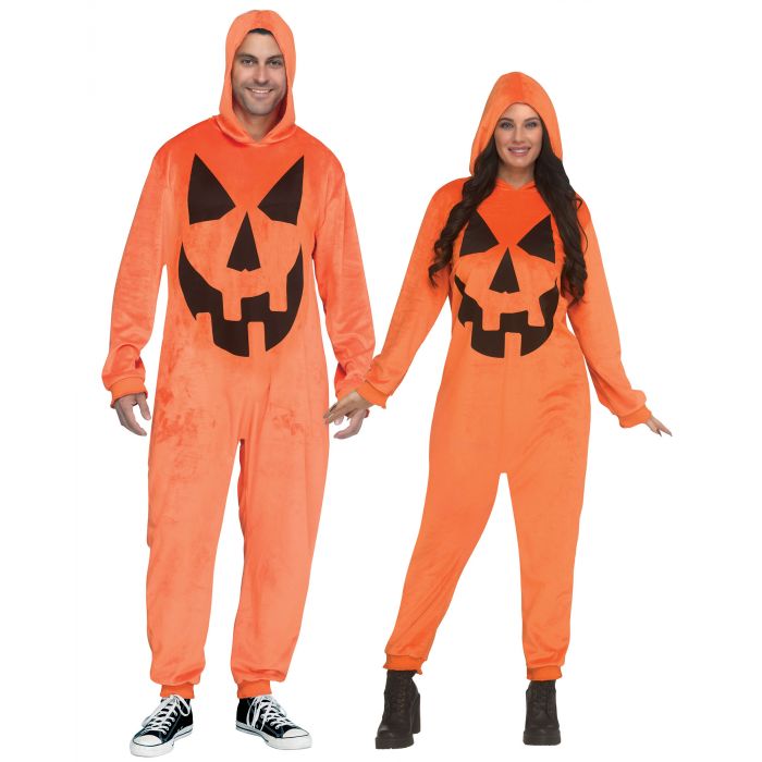 A man and a woman modeling matching orange Halloween onesies with a black jack-o'-lantern face graphic on the front, set against a plain white background.