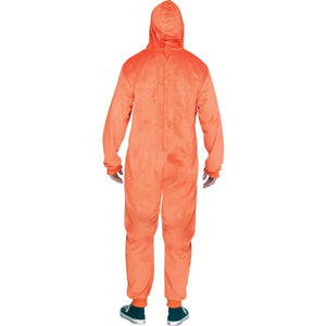 An orange full-body hooded jumpsuit or coverall shown from the back on a person, photographed against a plain white background.