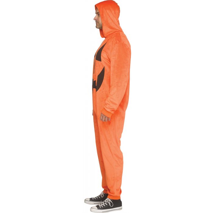 A man wearing a bright orange full-body hooded costume with a black jack-o'-lantern face graphic on the front, shown in side profile against a plain white background.