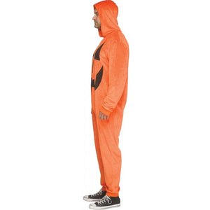 A man wearing a bright orange full-body hooded costume with a black jack-o'-lantern face graphic on the front, shown in side profile against a plain white background.