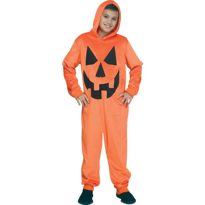 A child wearing an orange hooded one-piece costume with a black jack-o'-lantern face printed on the front, standing against a plain white background.