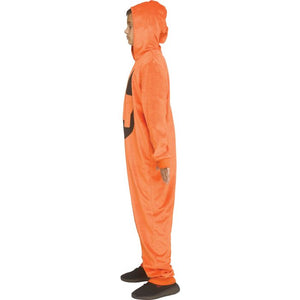 A child wearing a bright orange hooded one-piece costume with a black chest graphic, shown in side profile against a plain white background.