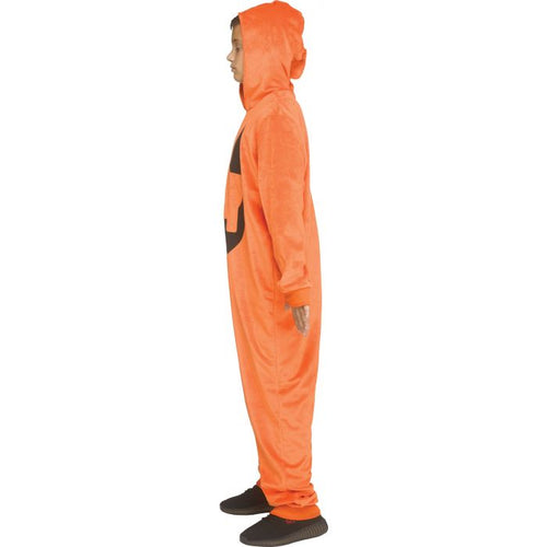 A child wearing a bright orange hooded one-piece costume with a black chest graphic, shown in side profile against a plain white background.