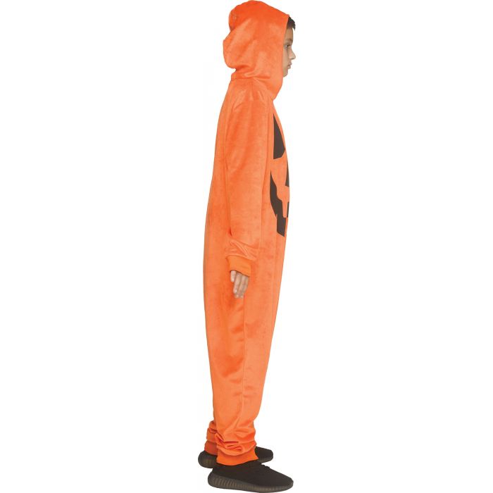 A person shown in side profile wearing a bright orange full-body hooded costume or onesie with a black graphic on the side, photographed against a plain white background.