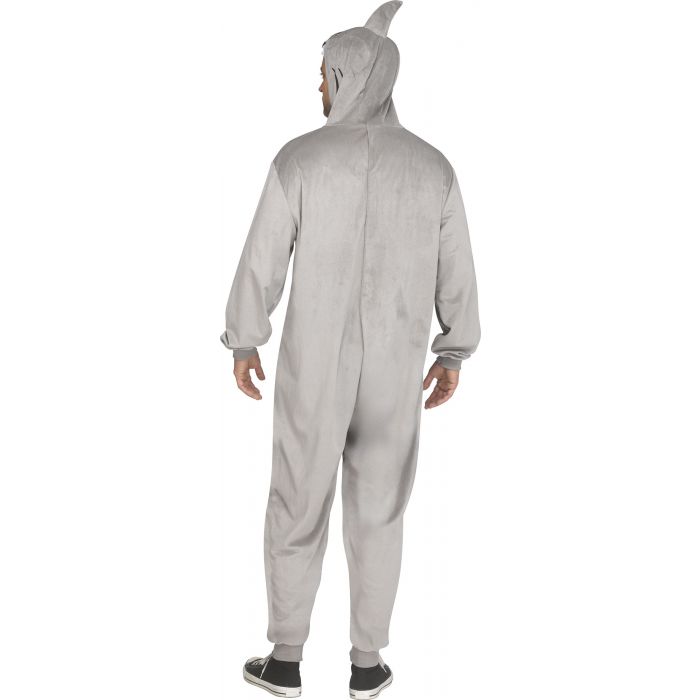 A person shown from the back wearing a light gray hooded one-piece costume or jumpsuit with long sleeves and legs, photographed against a plain white background.