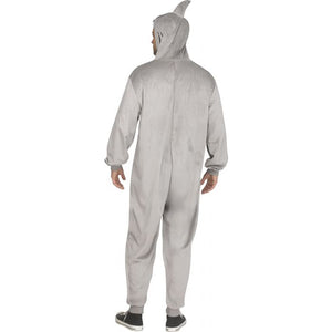 A person shown from the back wearing a light gray hooded one-piece costume or jumpsuit with long sleeves and legs, photographed against a plain white background.