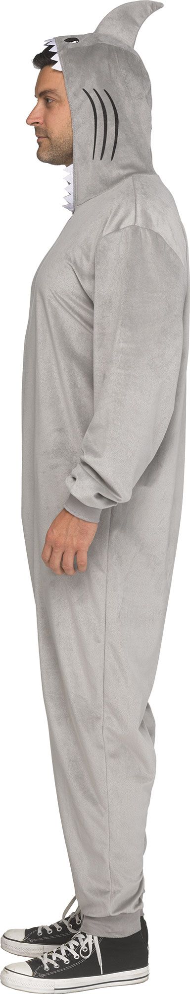 Person wearing a shark-themed onesie with a hood.