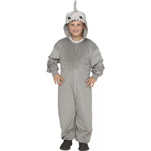 A child wearing a gray shark costume jumpsuit with a shark hood featuring a toothy mouth and a fin, standing against a plain white background.