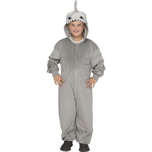 A child wearing a gray shark costume jumpsuit with a shark hood featuring a toothy mouth and a fin, standing against a plain white background.