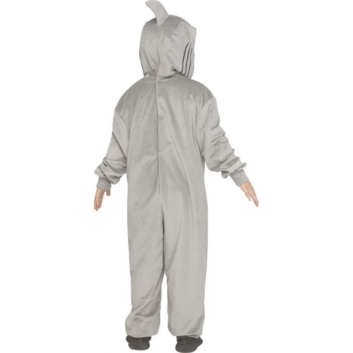 A child wearing a light gray full-body hooded costume or jumpsuit with long sleeves and legs, shown from the back against a plain white background.