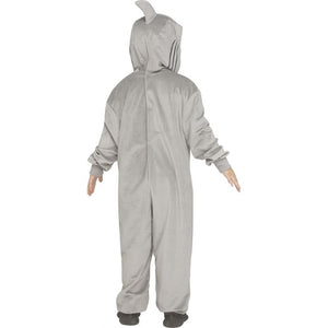 A child wearing a light gray full-body hooded costume or jumpsuit with long sleeves and legs, shown from the back against a plain white background.