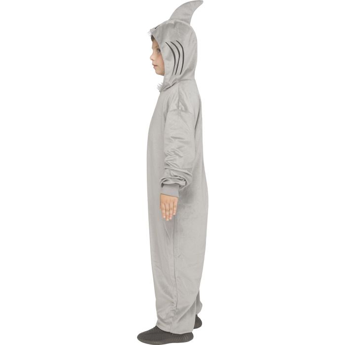 A child wearing a light gray shark costume onesie with a pointed dorsal fin and black stripe details on the side, shown in profile against a plain white background.