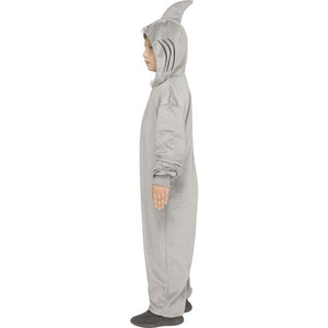 A child wearing a light gray shark costume onesie with a pointed dorsal fin and black stripe details on the side, shown in profile against a plain white background.
