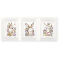 Three decorative plates with floral and bunny designs on a white background