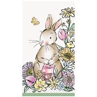 Greeting card with a rabbit, flowers, and a butterfly on a white background