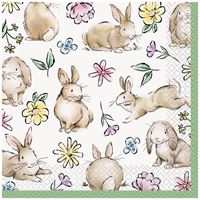 Pattern of rabbits and flowers on a white background