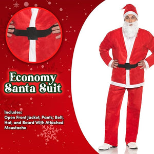 Economy Santa Suit with jacket, pants, hat, and beard on a red background