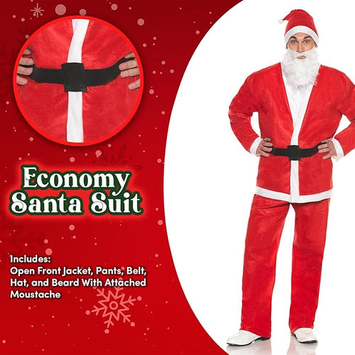 Economy Santa Suit with jacket, pants, hat, and beard on a red background