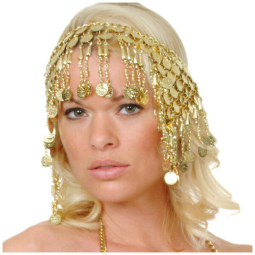 Woman wearing a gold headpiece with dangling elements on a white background