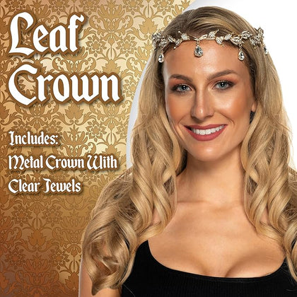 Woman wearing a leaf crown with decorative text on a gold patterned background